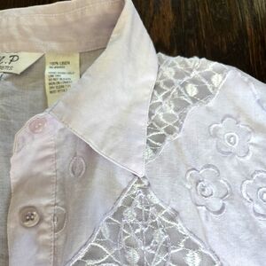 Linen Pastel Lavender Roomy J.M.P.‎ Shirt Blouse Lace Inserts Size L